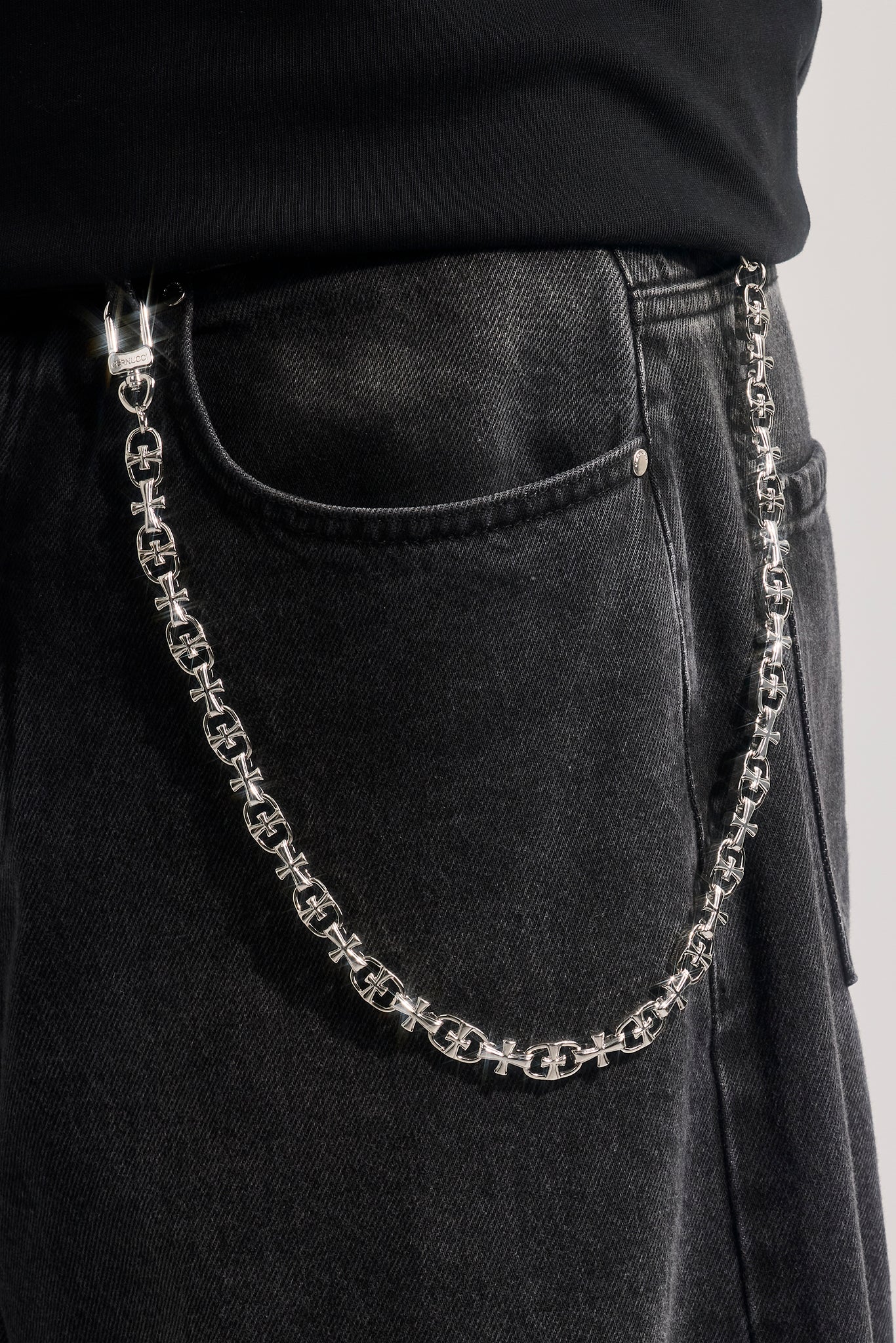 Denim Bermuda Jorts & 10mm Polished Multi Cross Polished Jean Chain - Washed Black